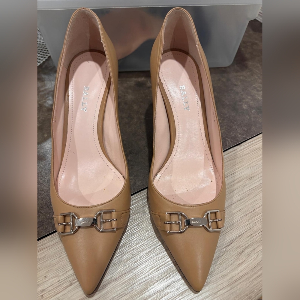 Bally Tan Heels with Silver Buckle Accents